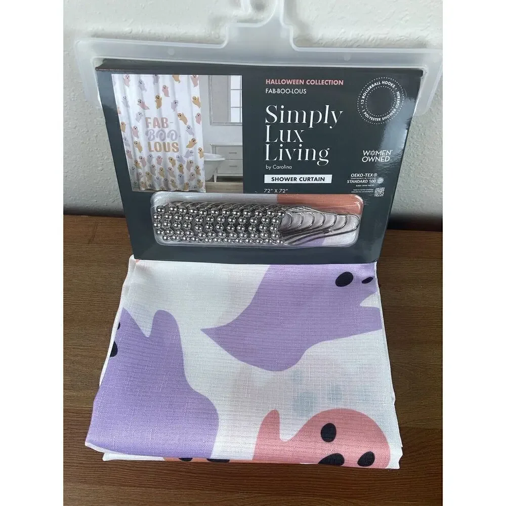 FAB BOO LOUS Halloween Pink Lilac Ghost Shower Curtain with Metal Hooks Viral